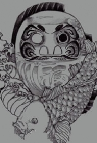 黑白锦鲤达摩蛋纹身图案